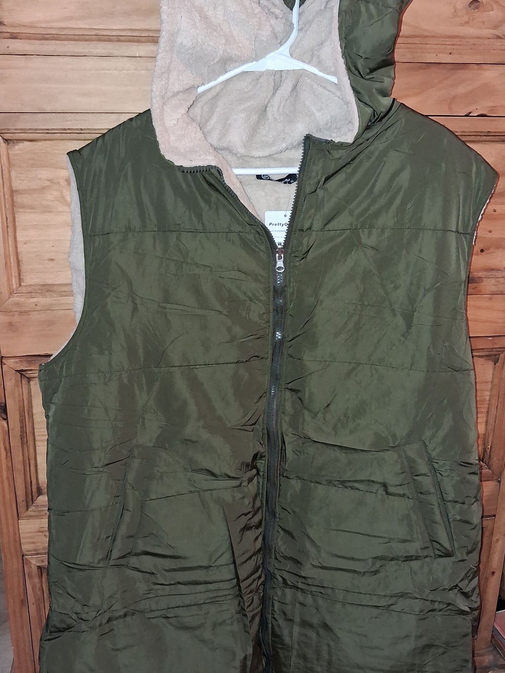 Army Green Hooded Reversible Long Fleece Vest - Pretty Garden